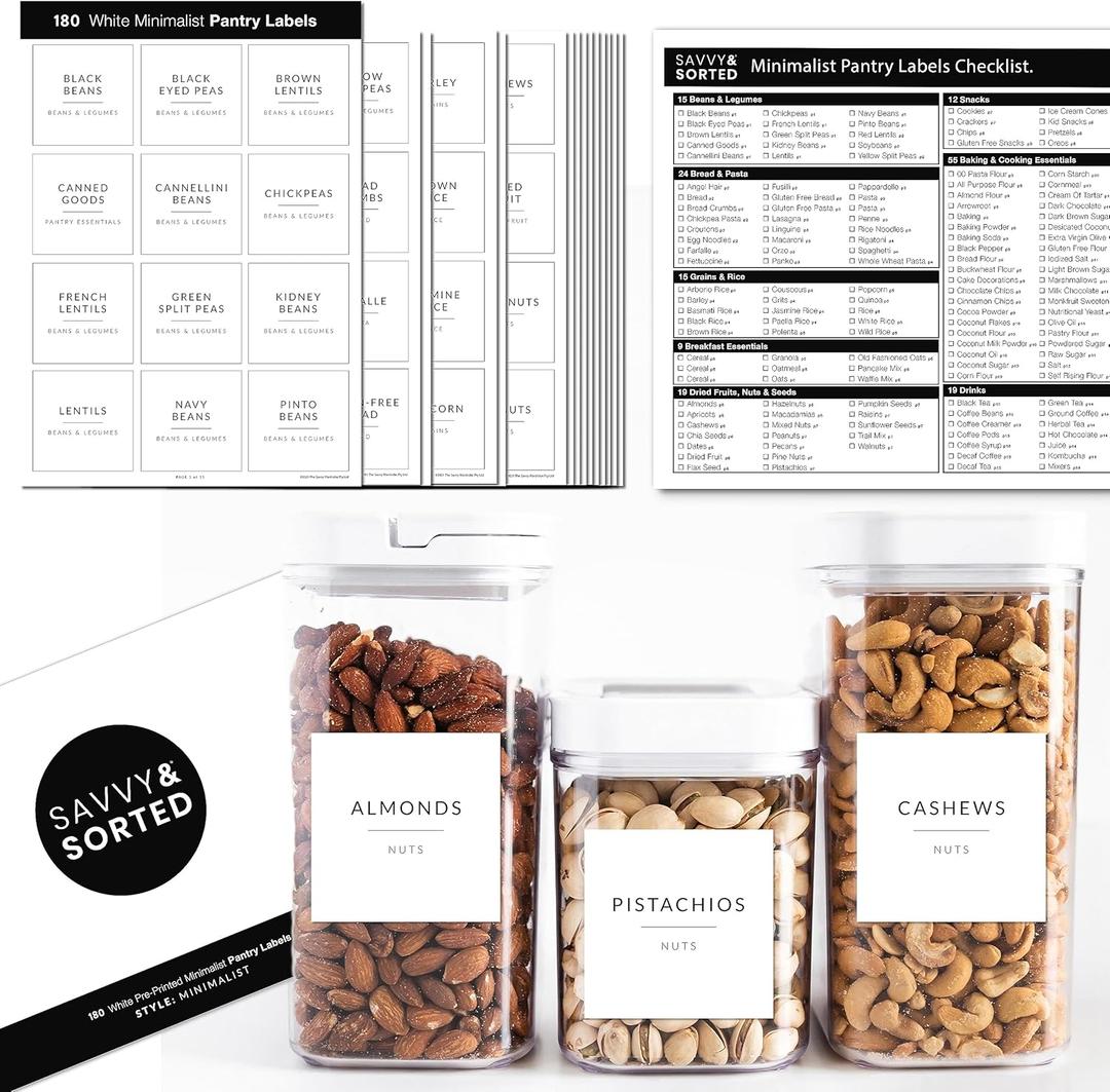 SAVVY & SORTED Minimalist Pantry Labels, 180 Waterproof Vinyl Stickers for Food Containers - Kitchen Labels for Organizing Storage Bins, Jars, Kitchen