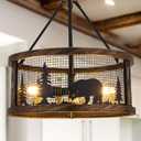 TOCHIC Rustic Chandelier for Dining Room, 3 Lights Black Farmhouse Chandelier with Bear Forest, Antique Bronze Western Chandelier, Vintage Chandelier for Bedroom, Living Room, Hallway, Bar, 20" D