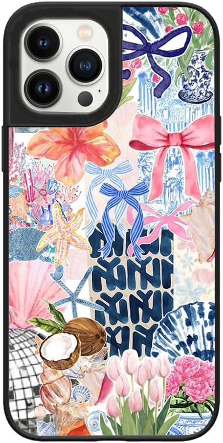 Case for iPhone 13 Pro Max, Trendy Aesthetic Preppy Coastal Beach Pattern Print, Glossy Hard PC Back Soft TPU Bumper, Slim Shockproof Anti-Scratch Cover for Teen Girls Women