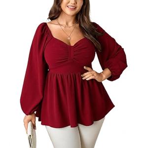 SCOMCHIC Womens Plus Size Tops Long Sleeve Blouse Ruffle Sweetheart Neckline Smocked Peplum Babydoll Top Red 1XL