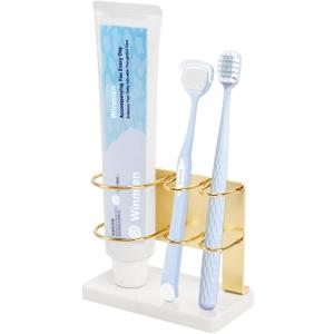 Toothbrush Holder for Bathroom Counter, Metal Toothbrush and Toothpaste Holder Stand with Marble Base for Bath Organizer Countertop, 3 Slots (Gold)