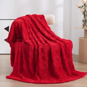 Linecooo Red Fleece Throw Blanket 50”×60” for Couch Sofa Bed, Super Soft Cozy Plush Microfiber Flannel Blanket with 3D Checkered Design Lightweight Decorations for Adults, Woman, Girls