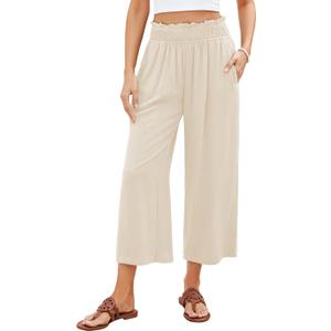 GRAPENT Capri Pants for Women High Waisted Wide Leg Linen Palazzo Trousers Pull On Elastic Smock Waist Loose Flowy Pants (Small, Beige)