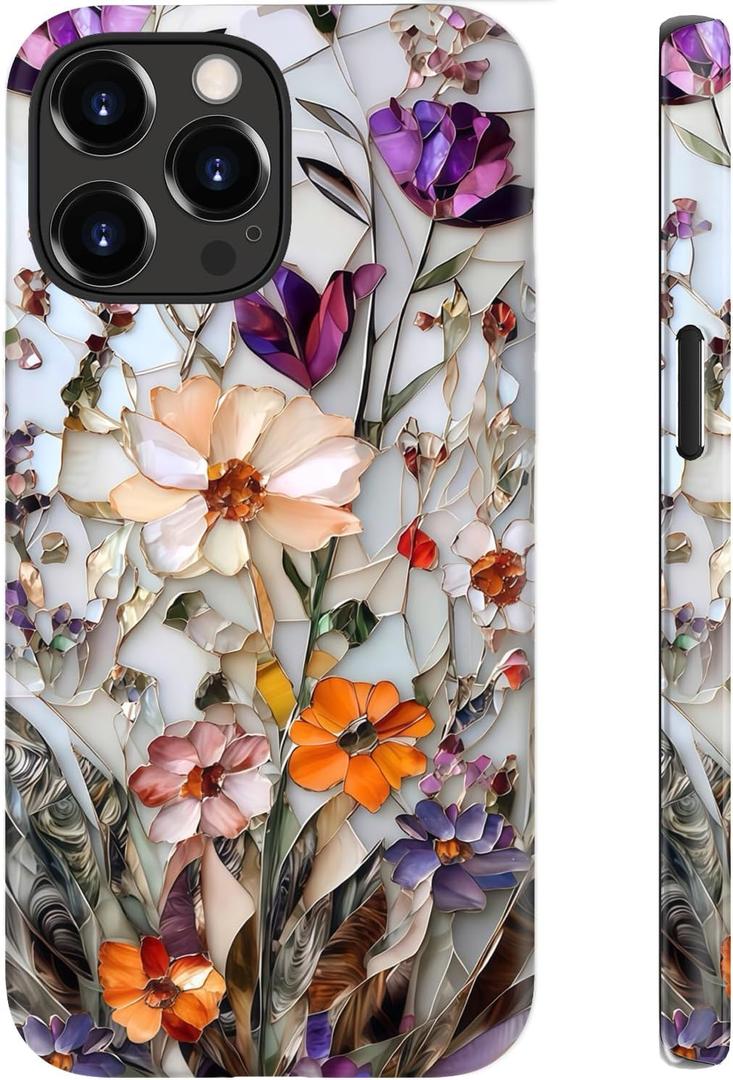 LUHOURI for iPhone 15 Pro Case,Wireless Charging Compatible,Dual-Layer - Soft Silicone Inner + Hard Outer Shell,Cute Wildflower Design,Protective Phone Cover for Women - Marble Pressed Flowers