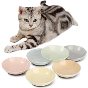 Ceramic Cat Food Bowl Set - 5.6 inch Colorful Cat Feeding Bowls with Non Slip Pads - Wide Shallow Whisker Friendly Plates Cute Dish - Microwave and Dishwasher Safe - 6 Pack - 5.3 oz