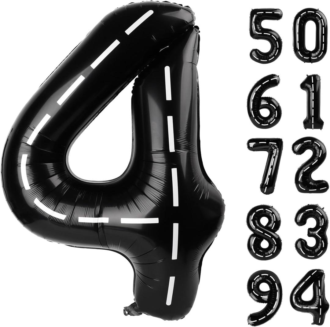 3 x Race Car 4 Balloon, Number Balloons 40 Inch, 4th Black Party Decorations, Racecar Birthday Decorations Four Large Numbers for Party Decor, Number 4 Balloon