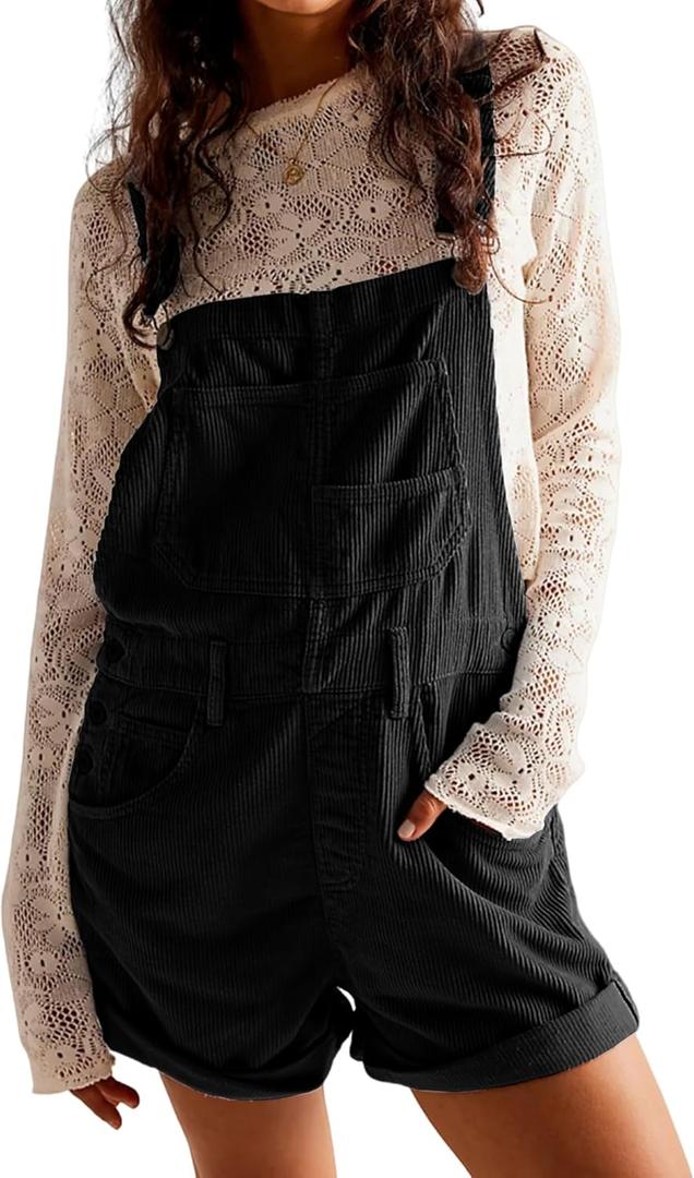 Women Corduroy Overalls Short Jumpsuits Adjustable Straps with Pockets Sleeveless Rompers (Medium, Black)