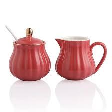 Sweejar Royal Ceramic Sugar and Creamer Set, 3 Piece Set with Cream Pitcher, Sugar Bowl, Sugar Set with Lid & Spoon, Coffee Serving Set Wedding Gift (Watermelon Red) Sweejar Royal Ceramic Sugar and Creamer Set, 3 Piece Set with Cream Pitcher, Sugar Bowl, Sugar Set with Lid & Spoon, Coffee Serving Set Wedding Gift (Watermelon Red)