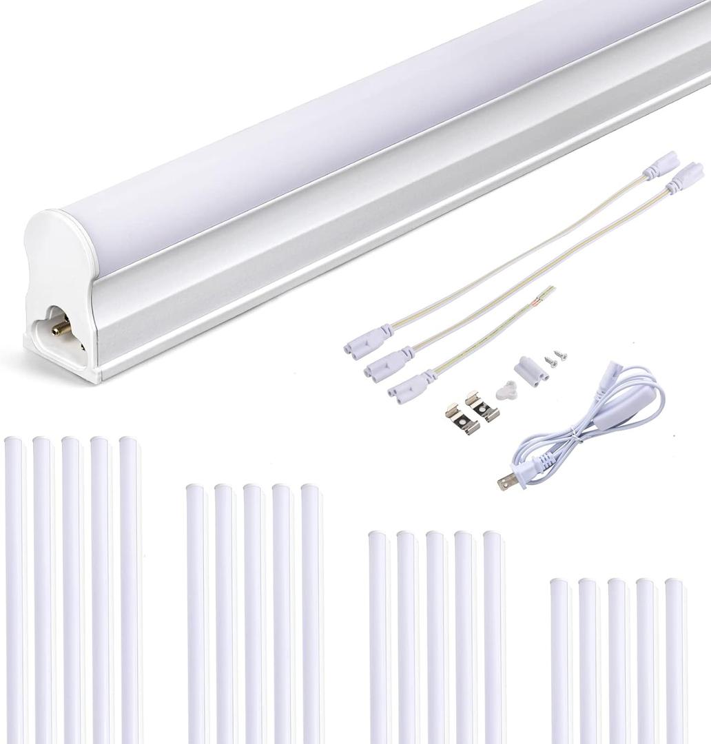 20-Pack LED T5 Integrated Single Fixture, 4FT Linkable LED Shop Light, 20W T5 Tube Lights for Garage Warehouse Workshop Basement, 2200lm, 6500K(Cool White), Plug&Play, Built-in ON/Off Switch, 20W-4FT-5000K