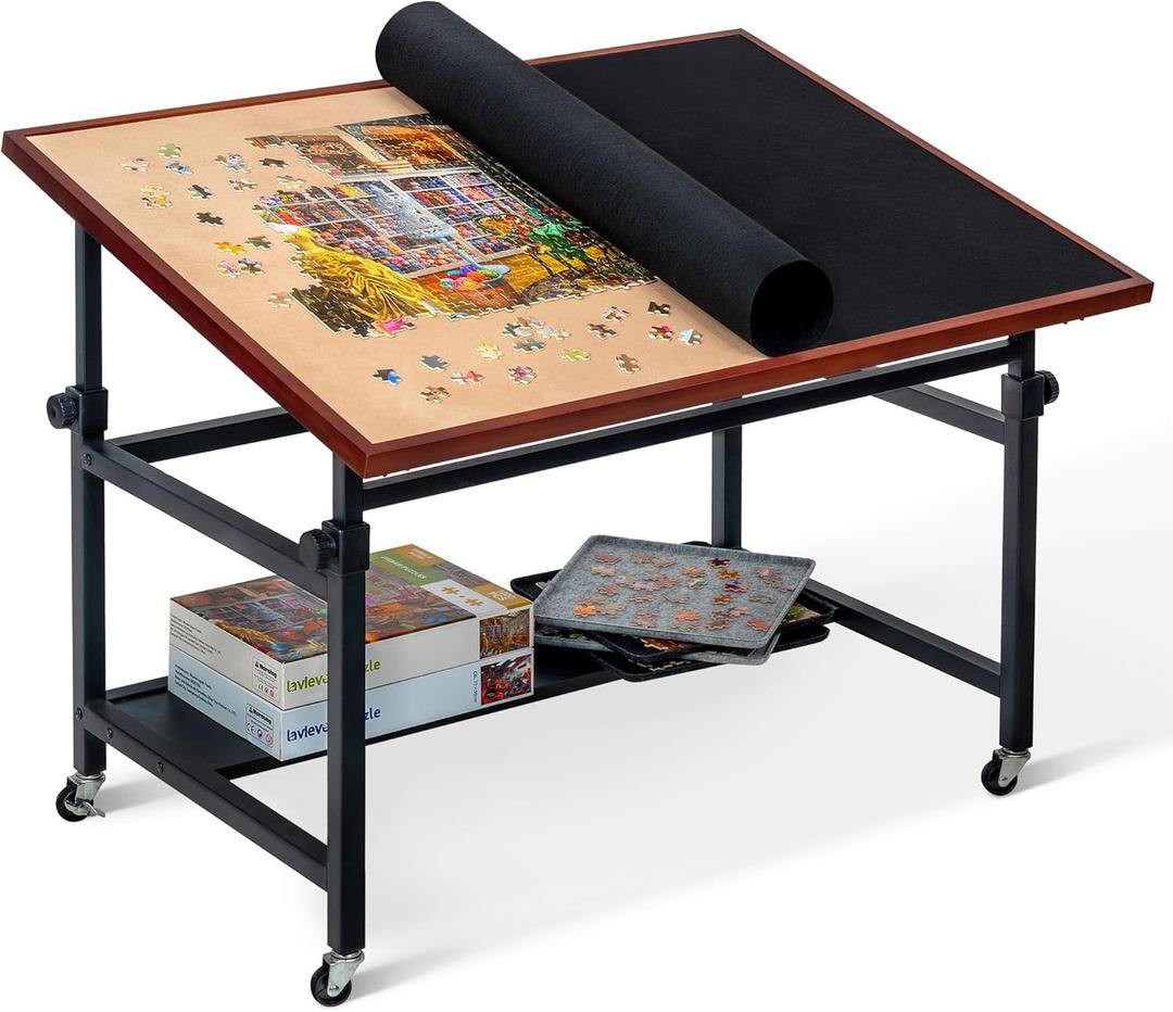 Lavievert Jigsaw Puzzle Table with Cover, Angle & Height Adjustable Puzzle Board Easel with Open Storage Shelf, Large Tilting Table with 4 Rolling Wheels for Up to 1500 Piece Puzzles