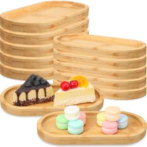 Nuogo 12 Pcs Bamboo Serving Tray 10 x 5 Inch Bamboo Oval Platter Wooden Serving Platter Oval Charcuterie Plates Board Wood Cheese Plate Fruit Wood Tray for Tea Coffee Table Cup Kitchen Dessert Veggie