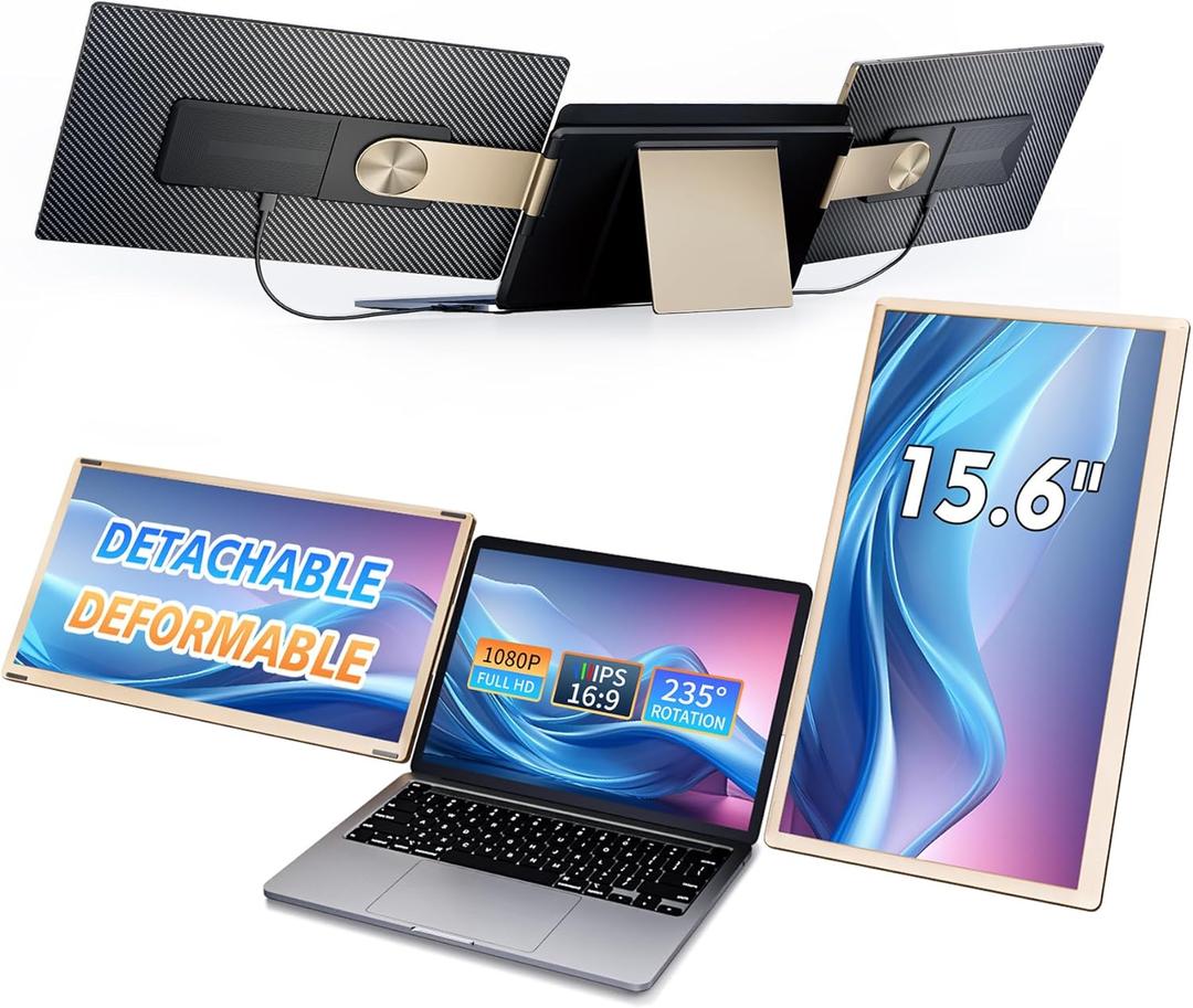 15.6" Triple Laptop Screen Extender, FHD 1080P IPS Laptop Monitor Extender, Detachable Screen Travel Monitor Laptops with Speakers, Plug&Play, Compatible with Mac/Android/Win