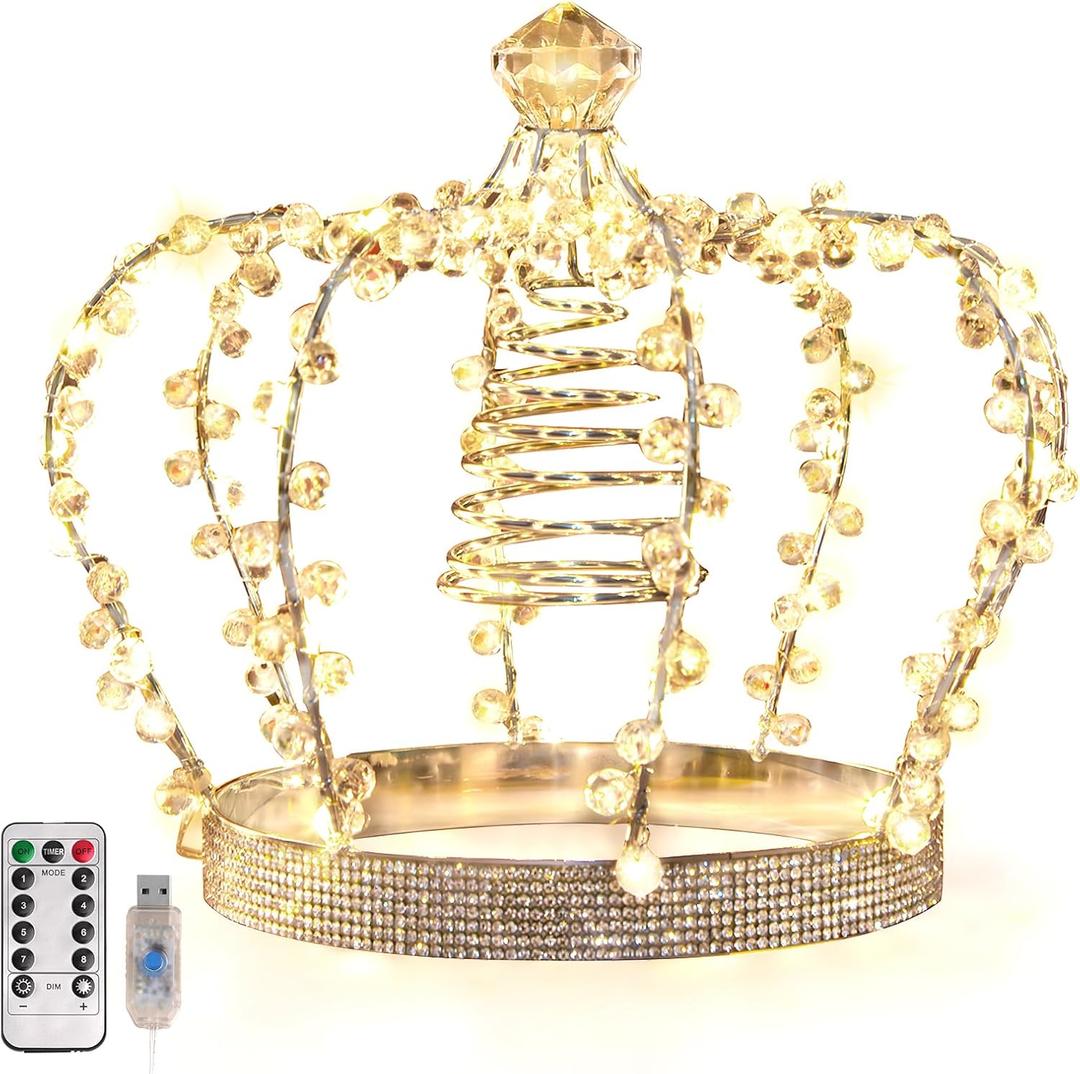 LAWOHO Christmas Tree Topper Star, Jeweled Crown with 60 Warm White LED USB Lighted Tree Topper, Xmas Tree Decor with Remote Control 8 Lighting Mode, Timer, Dimmer for Christmas Tree OrnamentSilver