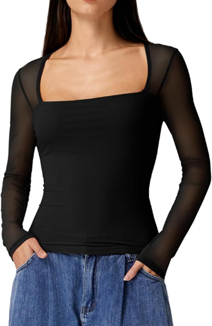 2 x QINSEN Women's Square Neck Long Sleeve Mesh Top Sheer Sleek Fitted Blouse for Casual Night Out (Black, M)