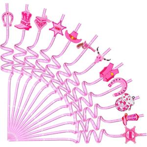 24 Pack ‌Pink Cowgirl Straws Reusable Western Party Straws for Bachelorette Birthday Cowboy Theme Decor Cocktail Straw 10.5" Plastic Drinking Straws with Fun Cowgirl Hats Boots