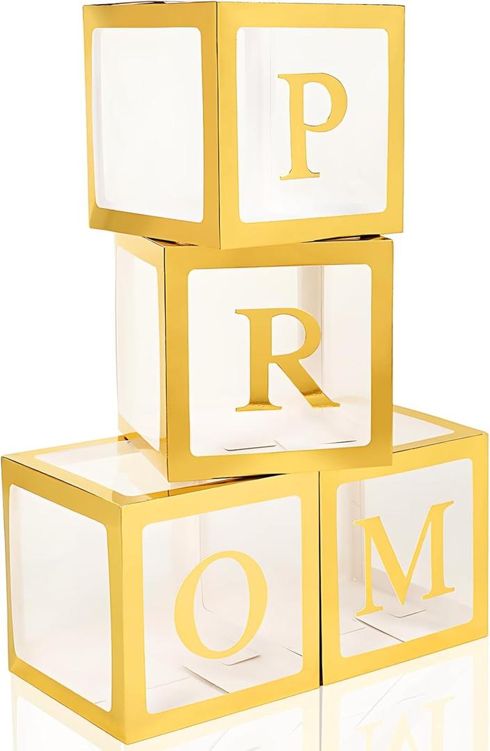 4 Pcs Prom Boxes with Letters 11.8 x 11.8 x 11.8 Inch Clear Prom Balloon Boxes Transparent High School College Graduation Party Favors Supplies(Gold)