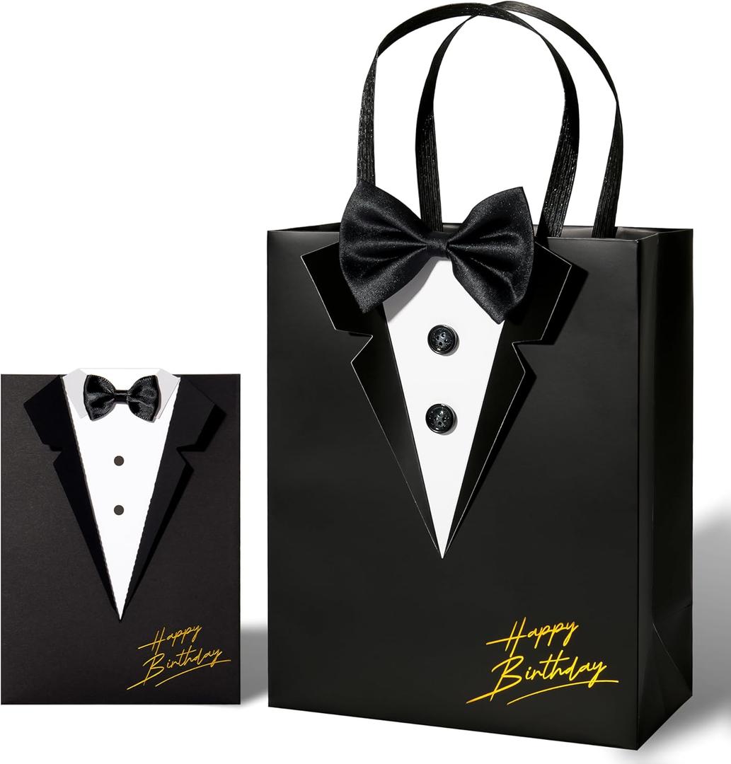 Crisky Happy Birthday Gift Bags for Men with Card & Tissue Paper, Classic Black 3D Tuxedo Real Bow Tie & Buttons, Birthday Gifts for Men Him Father Husband FriendsBoys Boyfriend Decorations