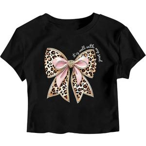 RoseSeek Girl's Letter Bow Graphic Tees Short Sleeve Crewneck Cute Shirts for Teen Girls Trendy, Size 10 Years