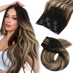 Moresoo Clip in Hair Extensions Real Human Hair Balayage Black to Dark Brown with Caramel Blonde 5pcs 80g Remy Straight Invisible Lace Double Weft Human Hair Clip in Extensions 20inch