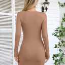 VICHYIE Women Square Neck Ribbed Bodycon Tight Dress Long Sleeve Mid Thigh Pencil Above Knee Dresses (Beige, XL)