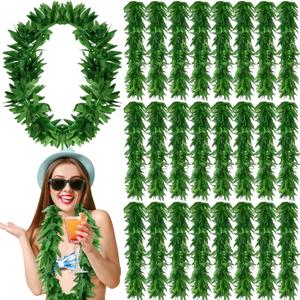 24 Pcs Tropical Green Leis Fern Leaf Necklace Green Fake Hawaiian Leis Artificial Fern Garland for Summer Luau Beach Pool Party Favors Decorations, 43 Inches