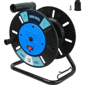 EP Extension Cord Storage Reel with 4-Grounded Outlets, Heavy Duty Open Cord Reel for 12/3 14/3 16/3 Power Cords, Portable Empty Hand Crank Electric Cord Roller Holder, Blue