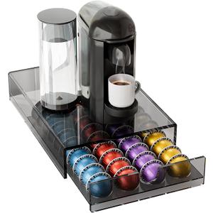 BXINREDA Acrylic Coffee Pod Organizer for Nespresso Vertuo Pod Holder 40 Pods Clear Vertuo Pod Storage Drawer (1 Tier) (Transparent Black)