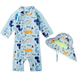 Baby Boy Swimsuit Rash Guard Toddler Sun Protection Swimwear Infant One Piece Bathing Suit with Sun Hat (18-24 Months, Aqua Dinosaur)