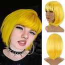 Bob Wig With Bangs Yellow 12 Inch Short Synthetic Fiber Bob Wigs for Women Short Bob Wigs and Halloween Cosplay Wig for Daily Life Colorful Wigs With One Cap (Yellow)