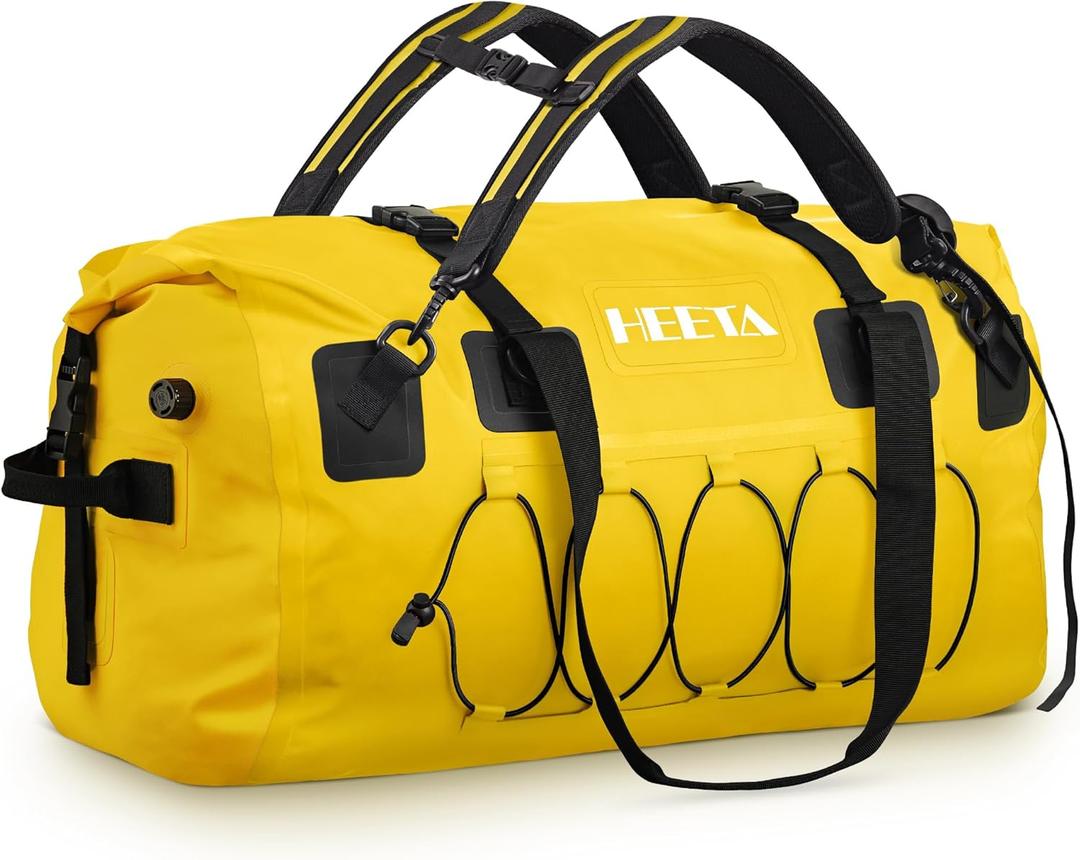 HEETA Waterproof Duffel Bag Motorcycle Dry Bag Backpack, 60L/80L Extra Large Rolltop Travel Duffle Bags with Straps & Handles for Kayaking Rafting Boating Canoeing Camping Gym Beach Cruise Ship (Yellow)