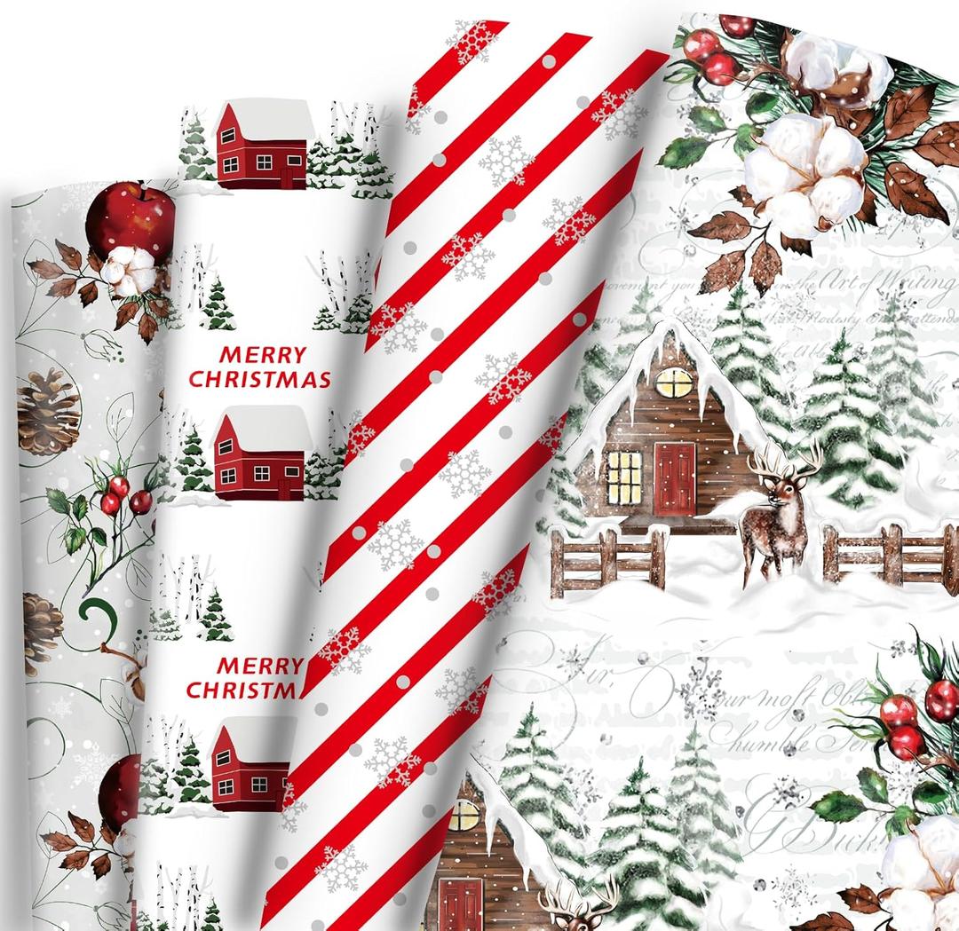 Vnaaem White Christmas Wrapping Paper Red Stripe Snowy Scene House Holiday Style Gift Wrap Paper Bulk for Winter Xmas Birthday Party - 20 X 28 Inches 8 Folded Sheets