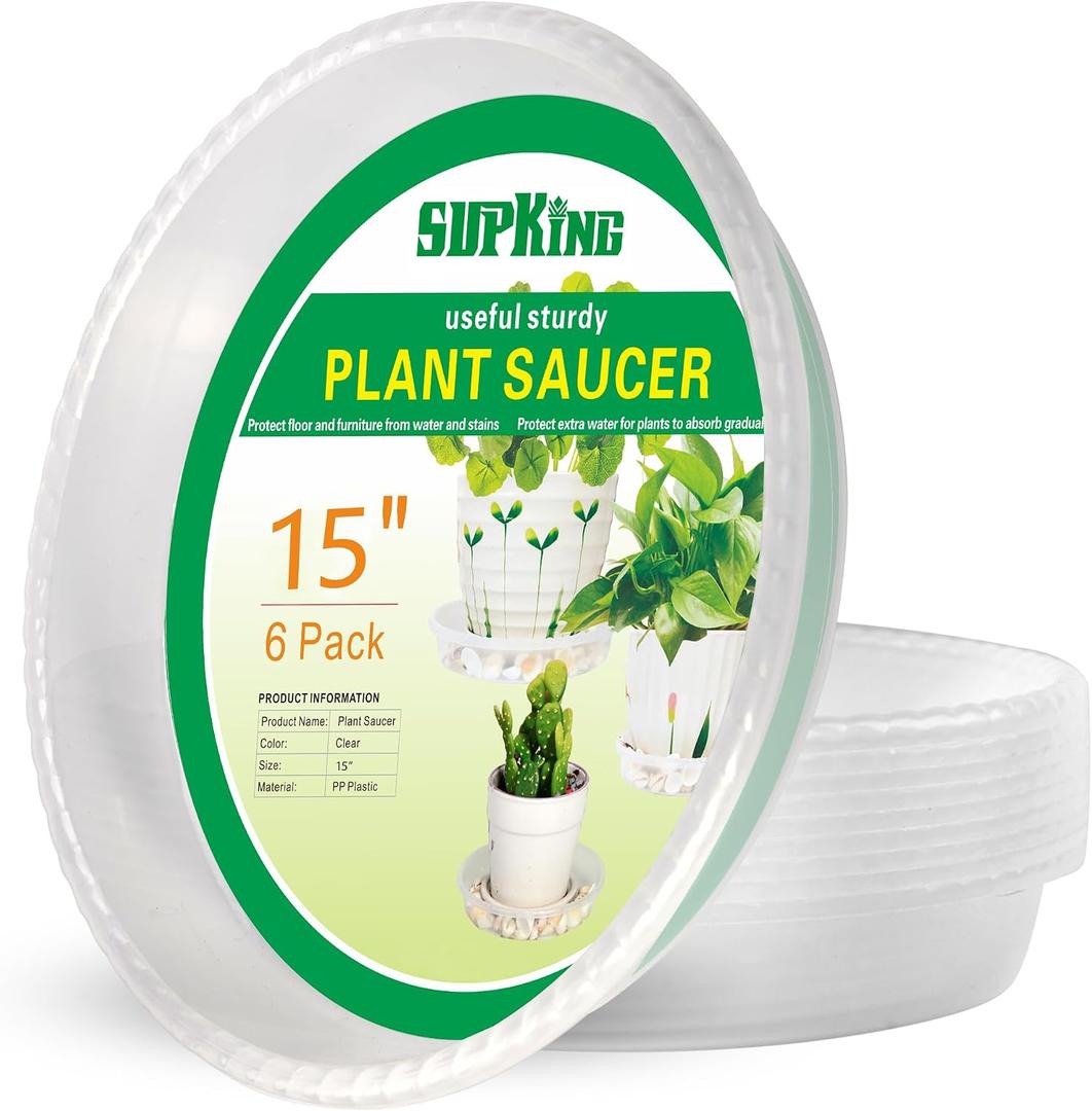 SupKing Large Plant Saucers Drip Tray 6 Pack, 6 8 10 12 14 15 Inch Heavy Sturdy Plastic Flower Pot Saucers for Indoor,Clear Plastic Planter Water Tray for Plant Pots Liners (15''-Clear)