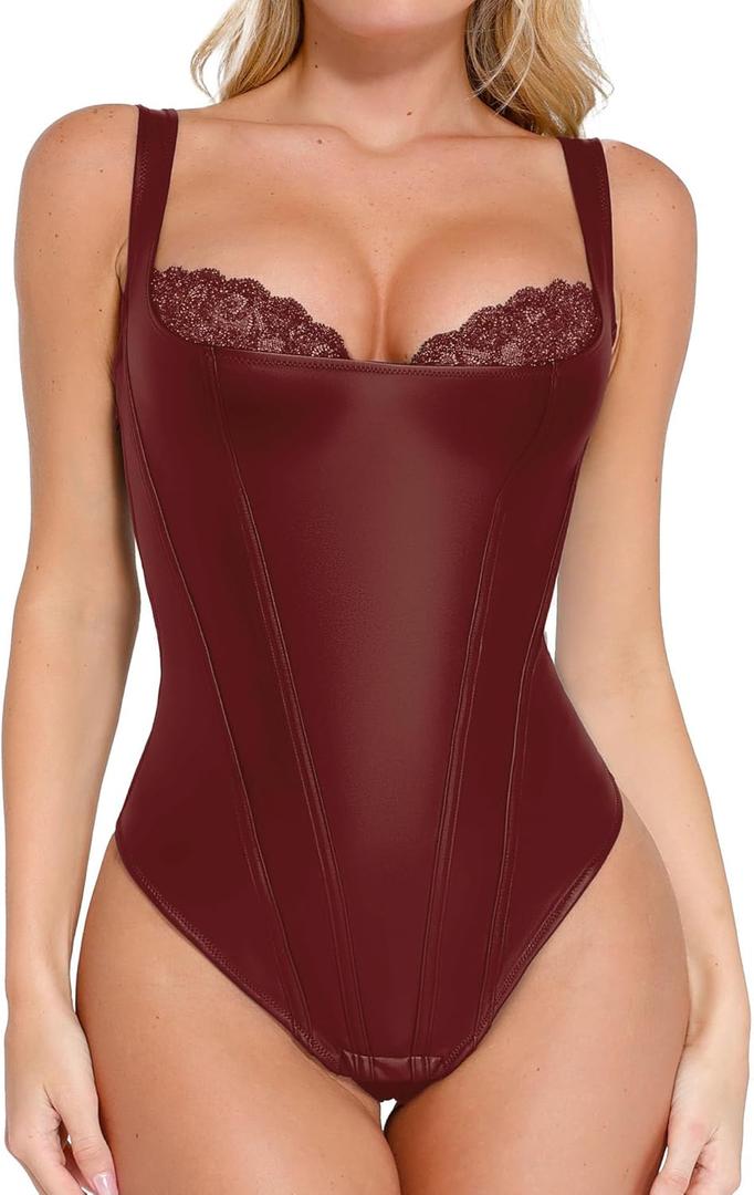 Popilush Faux Leather Shapewear Bodysuit Lace Body Suits for Womens Tummy Control Corset Tops Thong Body Shaper (Dark Red, Size M)