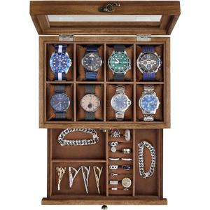 SONGMICS 8-Slot Watch Box, 2-Tier Watch Display Case with Large Glass Lid, Removable Pillows, Velvet Lining, Jewelry Box, Gift Idea, Rustic Walnut UJOW008K01