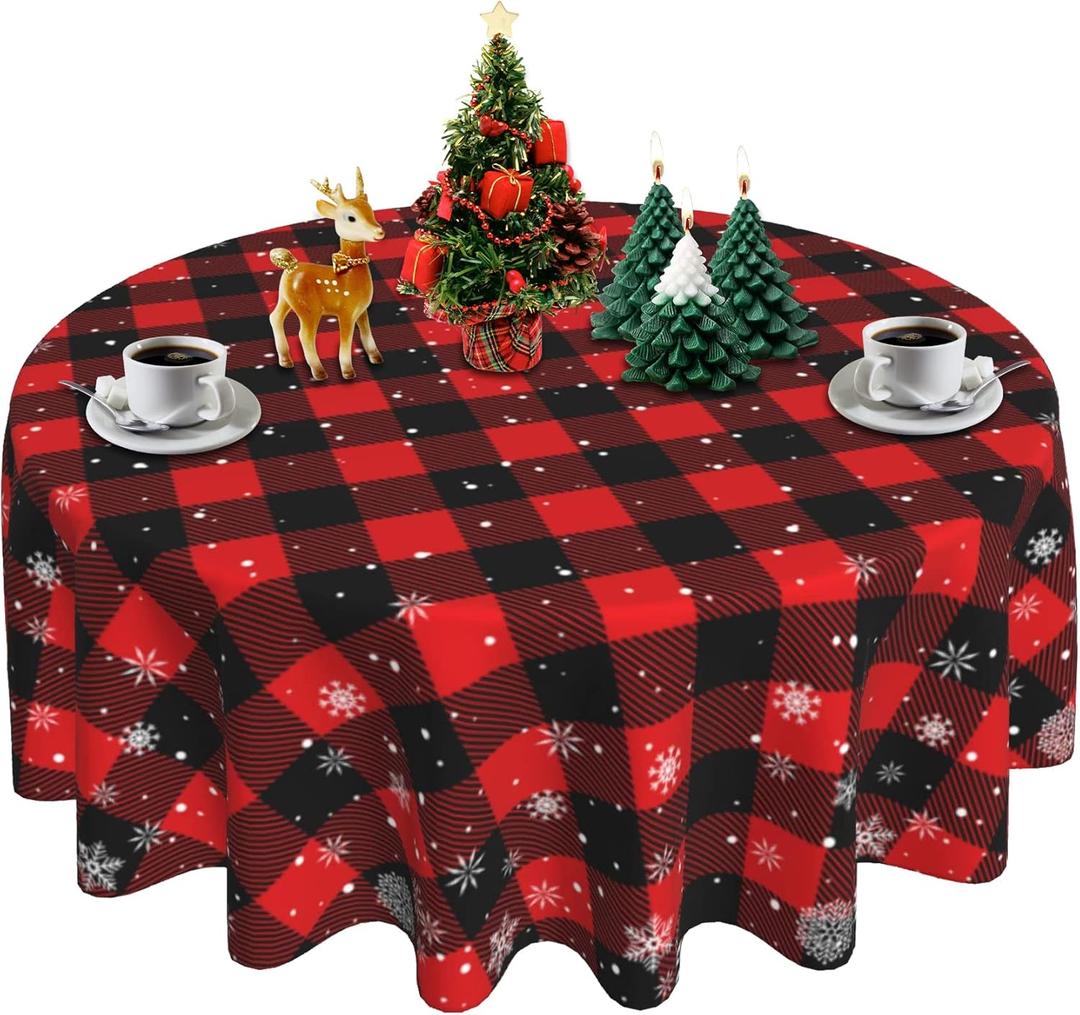 SuQKXCo Winter Snowflake Round Table Cloths Red Black Buffalo Plaid Christmas Tablecloth 60 inch Cover Mat Spill Proof Table Covers for Kitchen Party Dinner Tabletop Decoration