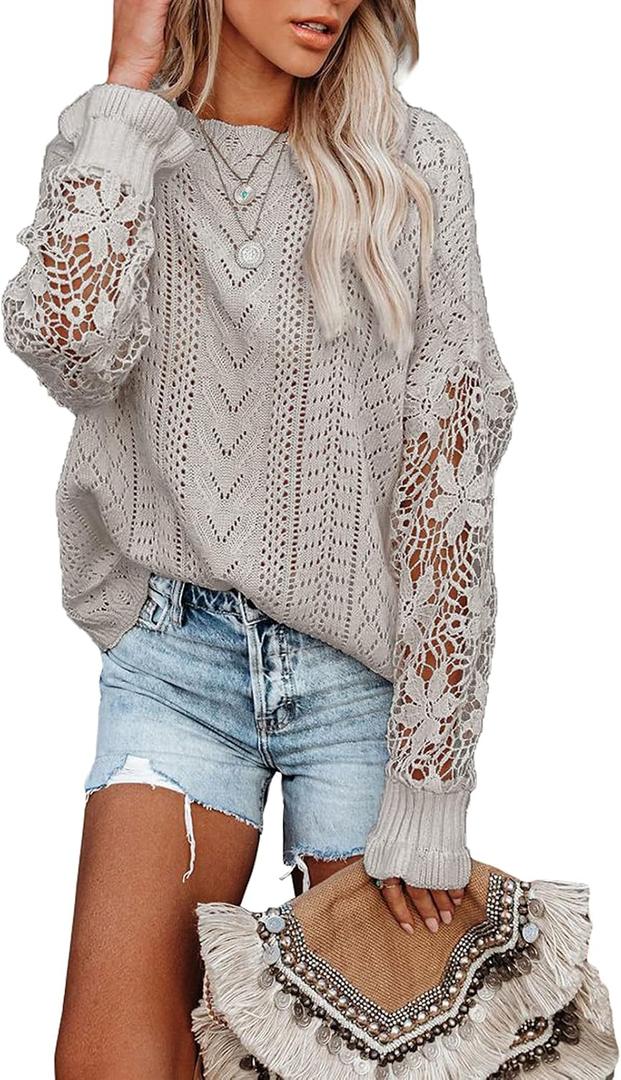 Dokotoo Womens Crewneck Crochet Lace Long Sleeve Hollow Out Cable Knit Sweaters Pullover Tops (XS)