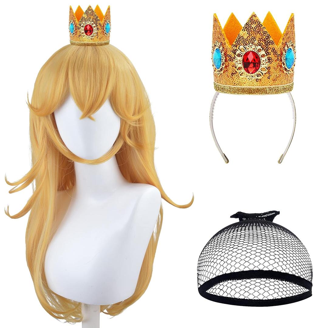 LALSAM Peach Blonde Princess Hair 3 Pieces Yellow Long Wave Halloween Cosplay, Anime Costume Party Wigs & Accessories Princess 3 Jewel Crown, Wig Cap