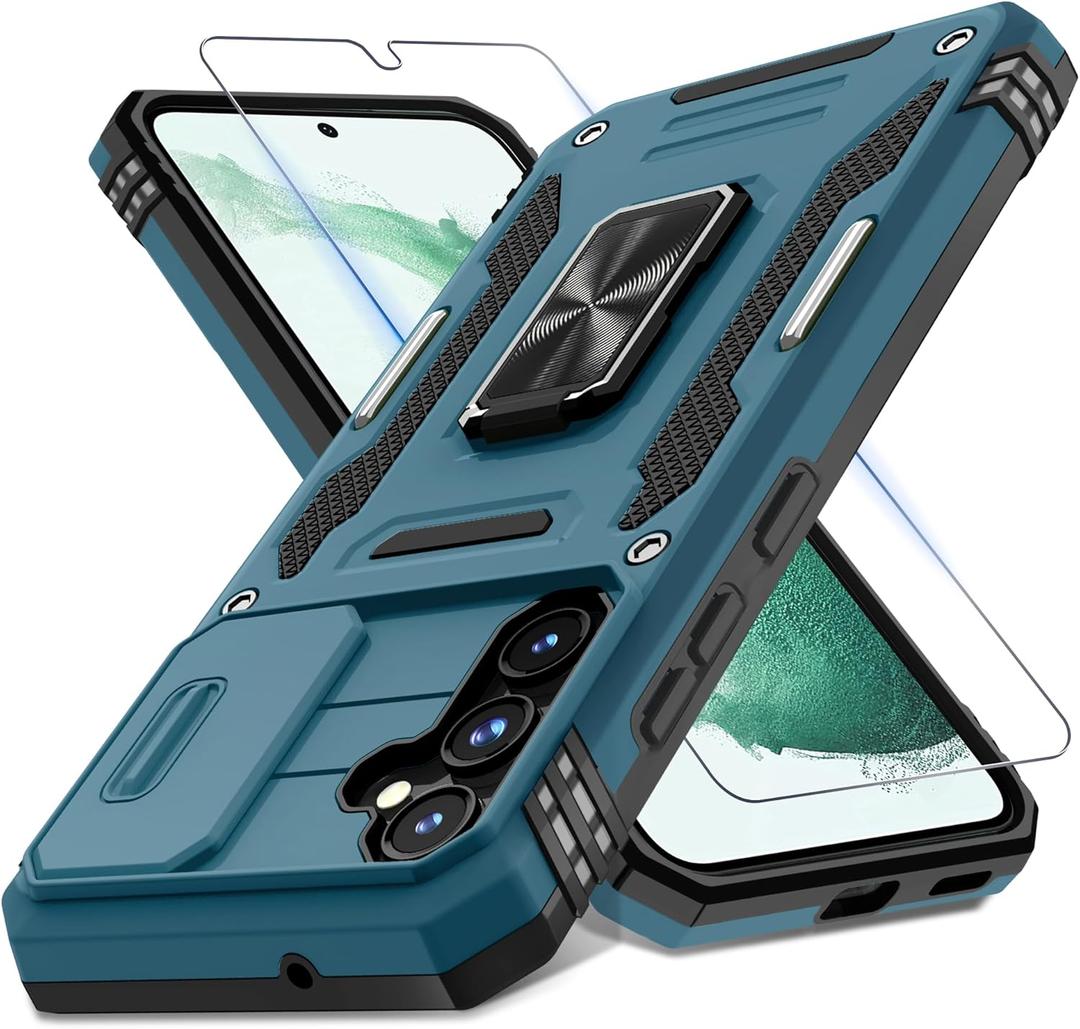 DEERLAMN Case for Samsung Galaxy S23 FE 6.4-Inch with Slide Camera Cover+Screen Protector(1 Pack),Rotated Ring Kickstand Military Grade Shockproof Protective Cover-Light Blue