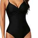 SUUKSESS Women Tummy Control One Piece Swimsuits V Neck Front Cross Bathing Suit (Large, Black)