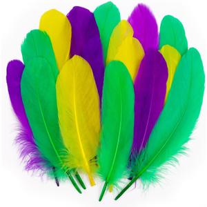 CCINEE 200 Pcs Mardi Gras Goose Feathers Bulk 6-8 Inch Large Colorful Purple Golden Yellow Green Feathers for DIY Crafts, Carnival Masquerade Party Costume Decoration
