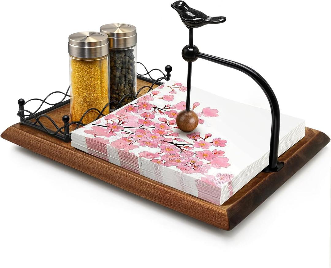 Elegant Flat Wooden Napkin Holder with Bird Design, Multifunctional Napkin Holder for Table, Kitchen, Outdoor Use Walnut Brown Wood Base Includes Space for Salt and Pepper Shakers