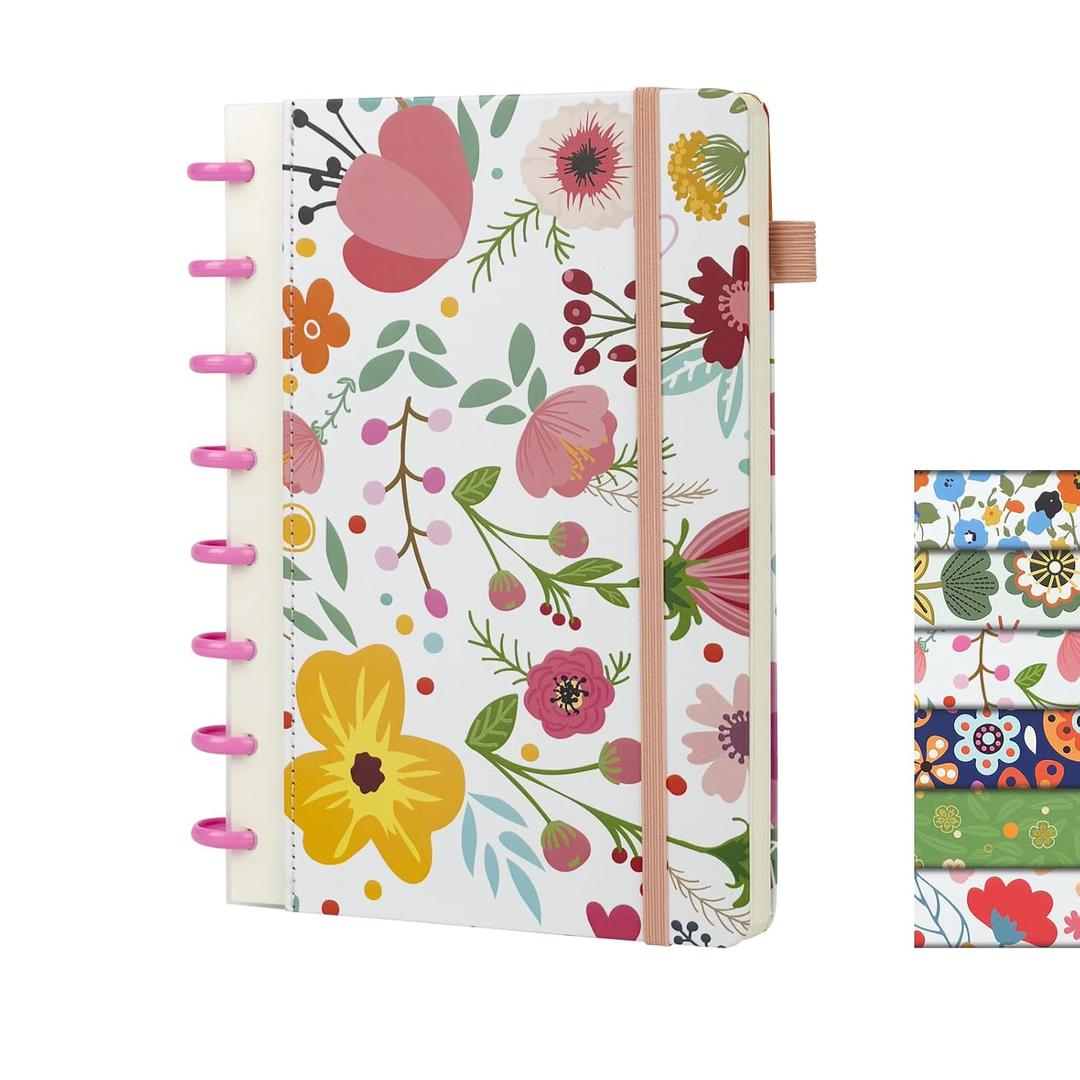 OnMove Discbound Notebook Journal for Women Men 160 Pages A5 with Pen Holder College Ruled Journals for Work Note Taking Travel School Flower-2