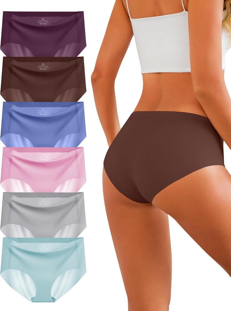 Women's Seamless Underwear No Show Panties Invisible Ladies Hipster Breathable Briefs 6 Pack (Dark Purple/Brown/Grey/Blue/Light Blue/Pink)
