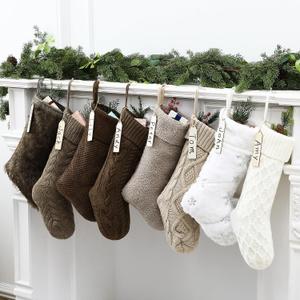 8 Pcs Neutral Christmas Stockings Set, 20'' Farmhouse Plush Faux Fur & 18'' Earth Tones Brown Cable Knitted Fireplace Xmas Stockings with Name Tags for Family Holiday Decor