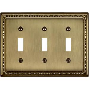 1-Pack Antique Brass Triple Toggle Wall Plates, 3 Gang Light Switch Covers, Durable Metal Switch Plate Covers, Decorative Pearl Design, 6.77''*4.88'', Midsize