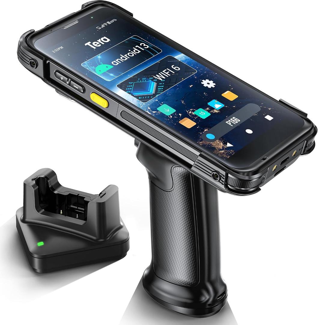 Tera Android 13 Barcode Scanner PDA: with Pistol Grip Charge Cradle Wi-Fi 6 Qualcomm CPU SE4710 Zebra Scanner Data Terminial 5.5 Full Touch Screen IP65 Rugged 4G GPS BT for WMS Management P166GC