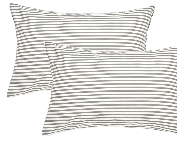 Oeko Tax Natural Cotton Striped Pillowcases Set, 2 Pieces White and Grey Stripes Pattern Printed Pillow Covers with Envelope Closure(Pillows are not Included) Pillowcase Set Of 2 18x24Inc
