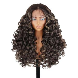 SOKU Long Curly Lace Front Wig for Black Women Highlight 13x4x1 Synthetic Lace Front Wigs Glueless Pre-Plucked Hairline with Baby Hair 22 Inch Heat Resistant (Highlight Brown)