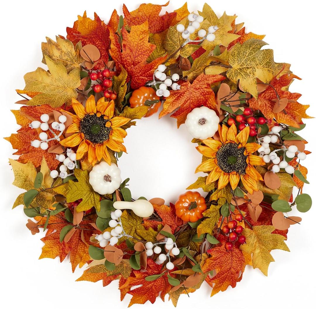 Fall Wreath for Front Door, 22-24" Autumn Wreath with Sunflower, Pumpkin, Berry. Artificial Home Decorations for Indoor Outdoor Window Wall Porch,UV Resistant Seasonal Decor for Thanksgiving Halloween