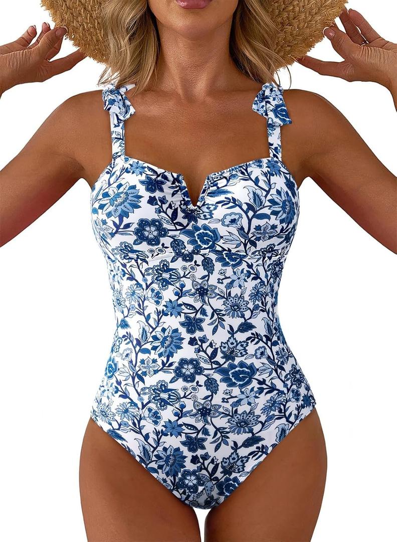 Aleumdr Women's One Piece Swimsuits Tummy Control Bathing Suits V Neck Boho Tie Shoulder Ruched Full Coverage Swimwear (X-Large, Blue)